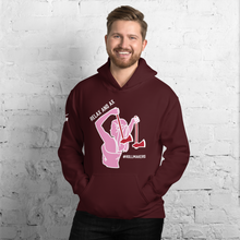 Load image into Gallery viewer, Ax Girl Pink White with Red Axes ROLLMAKERS RELAX on Maroon Hoodie