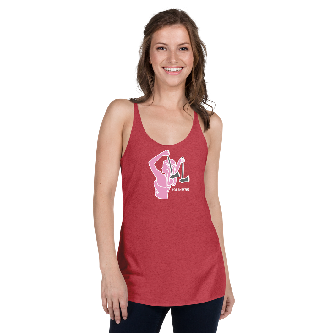 Ax Girl Pink White with Gunmetal Axes ROLLMAKERS on Red Women's Racerback Tank