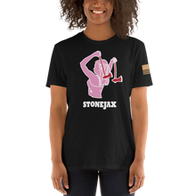 Load image into Gallery viewer, Ax Girl Pink White with Red Axes STONEJAX on Black T-Shirt