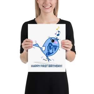 JOY HAPPY FIRST BIRTHDAY BIRD BLUE UNIQUE NURSERY WALL DÉCOR 11”x14” UNFRAMED PRINT