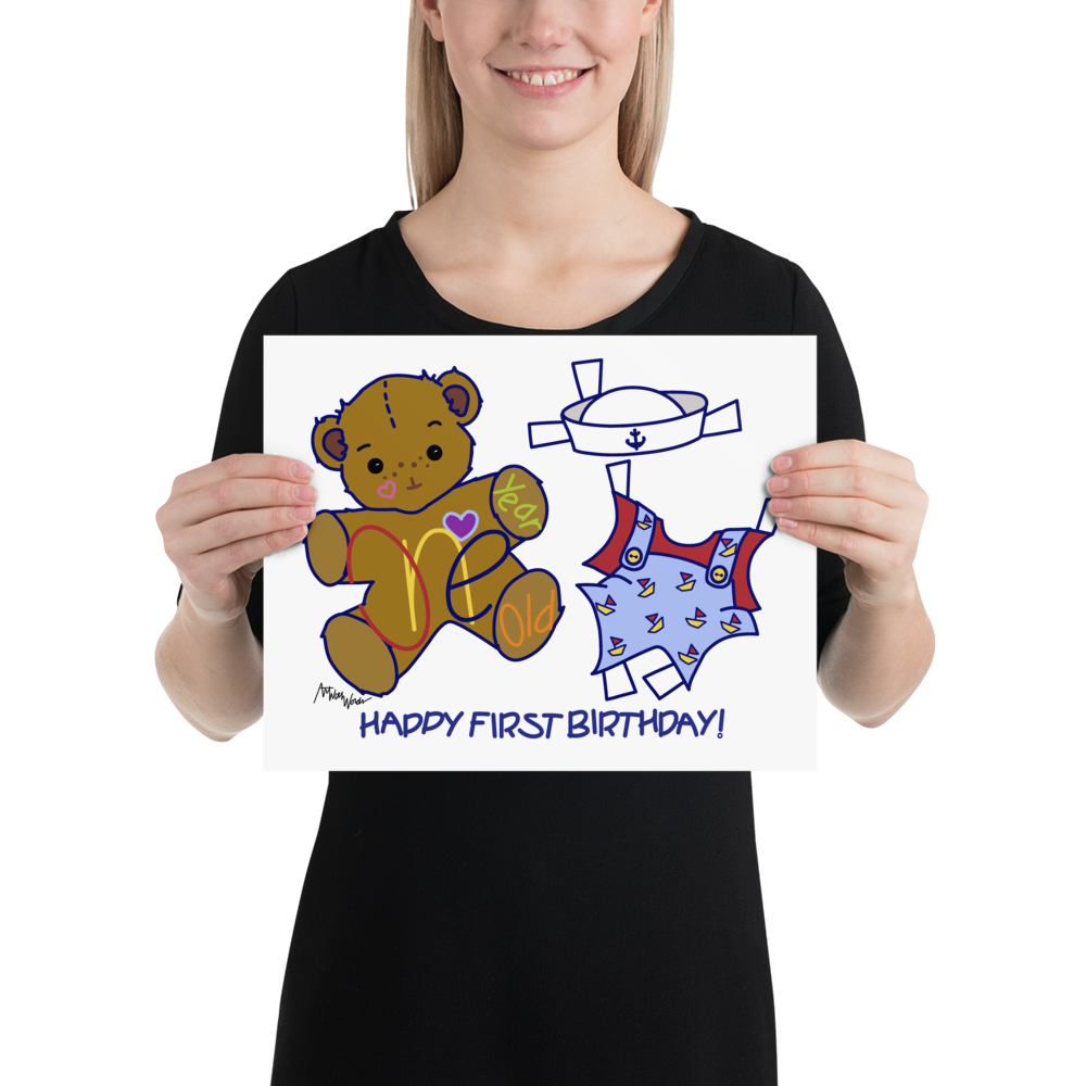 ONE YEAR OLD HAPPY FIRST BIRTHDAY TEDDY BEAR BOY NAVY UNIQUE NURSERY WALL DÉCOR 14”x11” UNFRAMED PRINT