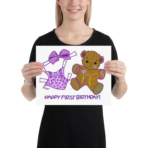 ONE-YEAR-OLD GIRL HAPPY FIRST BIRTHDAY TEDDY BEAR PINK UNIQUE NURSERY WALL DÉCOR 14”x11” UNFRAMED PRINT