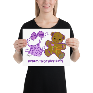 ONE YEAR OLD HAPPY FIRST BIRTHDAY TEDDY BEAR GIRL PINK UNIQUE NURSERY WALL DÉCOR 14”x11” UNFRAMED PRINT