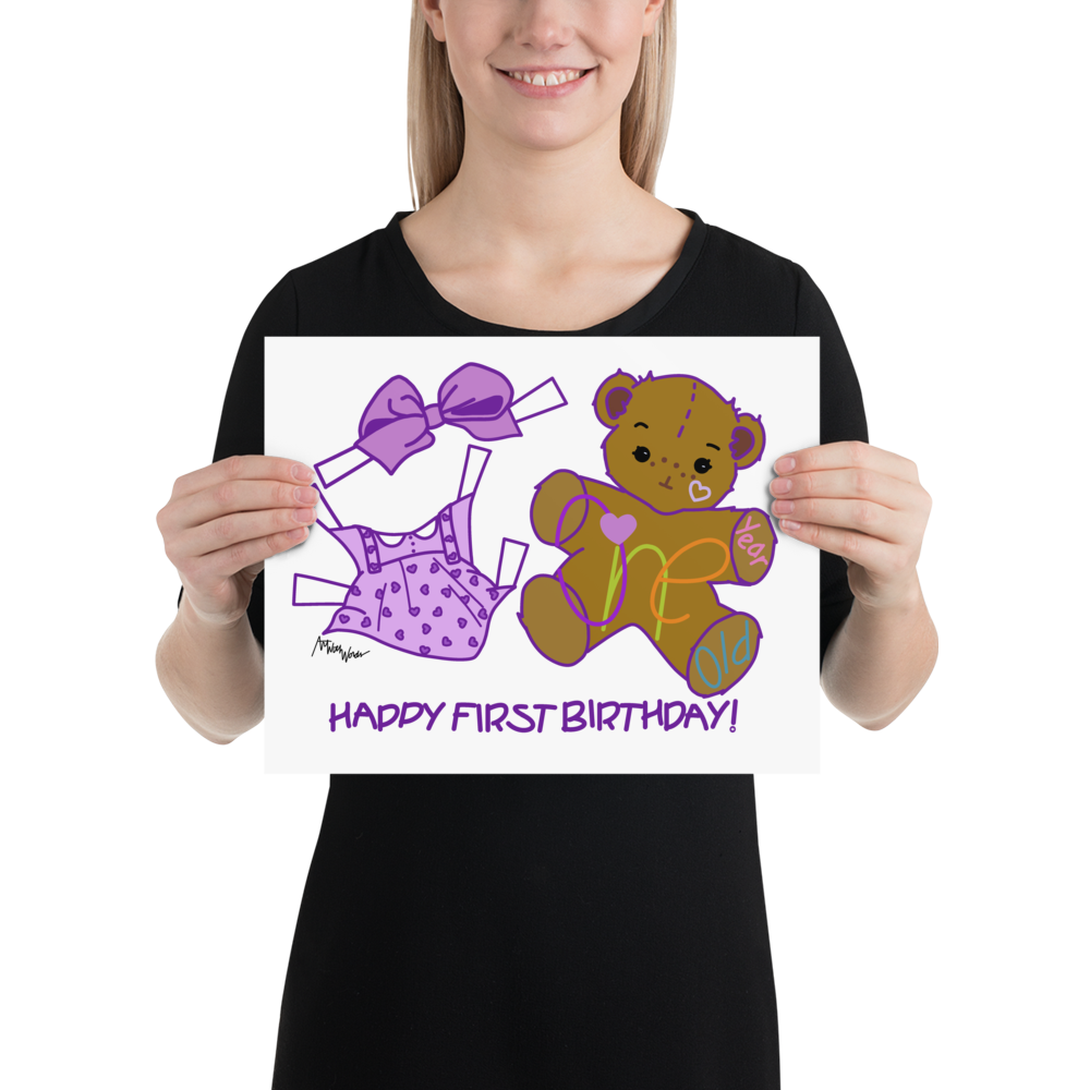 ONE YEAR OLD HAPPY FIRST BIRTHDAY TEDDY BEAR GIRL PINK UNIQUE NURSERY WALL DÉCOR 14”x11” UNFRAMED PRINT