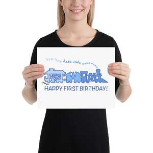 FIRST WORD HAPPY FIRST BIRTHDAY BLUE CHOO-CHOO UNIQUE WALL DÉCOR 14”x11” UNFRAMED PRINT