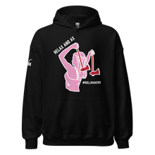 Load image into Gallery viewer, Ax Girl Pink White with Red Axes ROLLMAKERS RELAX on Black Hoodie