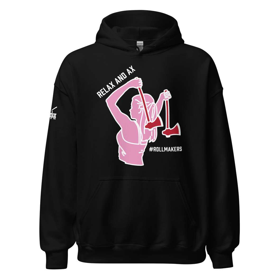 Ax Girl Pink White with Red Axes ROLLMAKERS RELAX on Black Hoodie