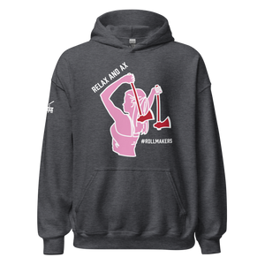 Ax Girl Pink White with Red Axes ROLLMAKERS RELAX on Dark Heather Hoodie