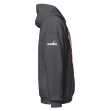 Load image into Gallery viewer, Ax Girl Pink White with Red Axes ROLLMAKERS RELAX on Dark Heather Hoodie