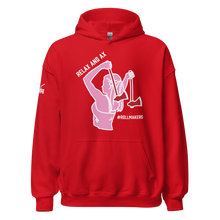 Load image into Gallery viewer, Ax Girl Pink White with Red Axes ROLLMAKERS RELAX on Red Hoodie