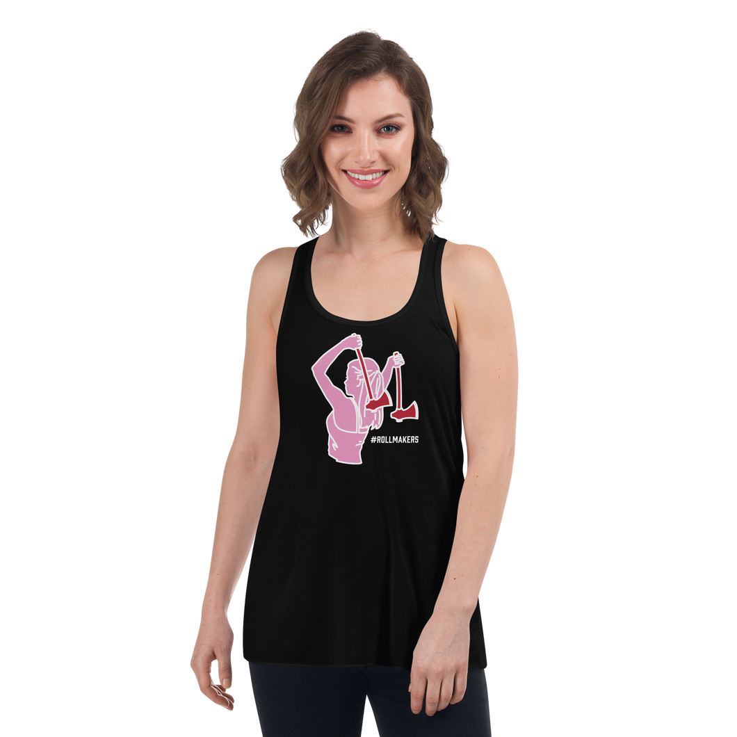 Ax Girl Pink White with Red Axes ROLLMAKERS on Black Women's Flowy Racerback Tank