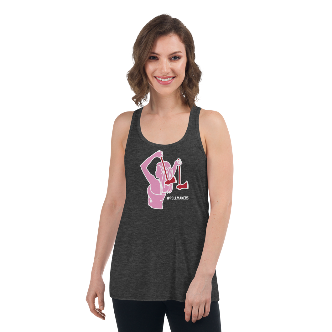 Ax Girl Pink White with Red Axes ROLLMAKERS on Dark Grey Heather Women's Flowy Racerback Tank