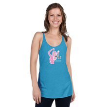 Load image into Gallery viewer, Ax Girl Pink White with Gunmetal Axes ROLLMAKERS on Turquoise Women&#39;s Racerback Tank