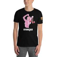 Load image into Gallery viewer, Ax Girl Pink White with Red Axes STONEJAX on Black T-Shirt