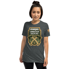 Load image into Gallery viewer, Lumberjack Discipline Tan Green Crest on Dark Heather T-Shirt